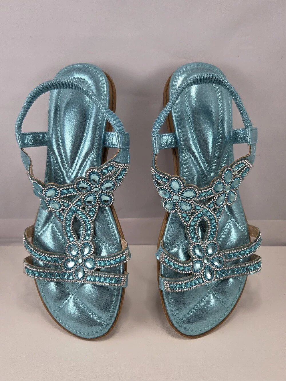 Metallic Turquoise Rhinestone T-Strap Flat Sandals - Size 41